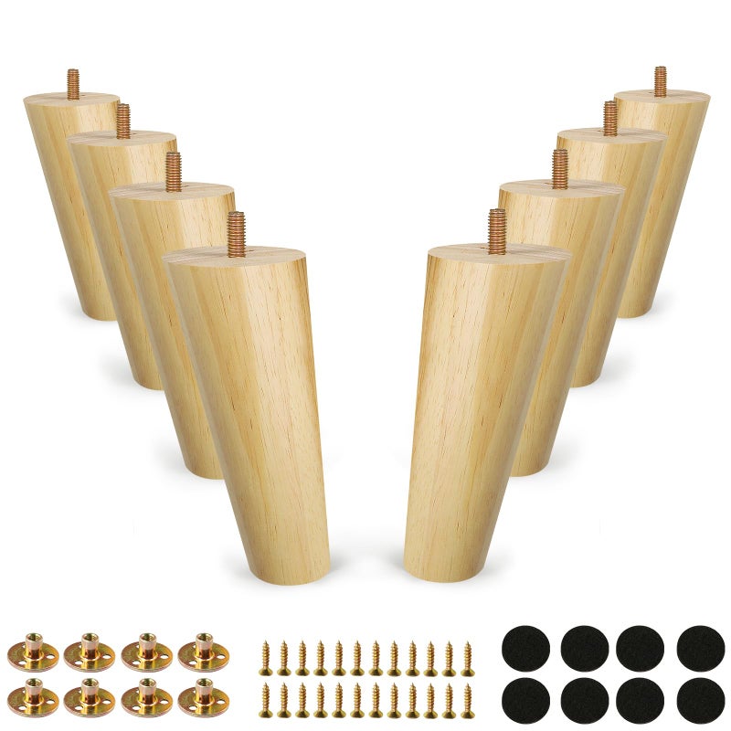 FoDau770 Rubber Wood Furniture Legs 6 Inches, Slant Tapered Wood Legs Mid Century Sofa Legs Set of 8, 5/16"" UNC Furniture Feet Replacement Legs for Cabinet Sofa Couch Dresser Chair Ottoman Table - Image 1